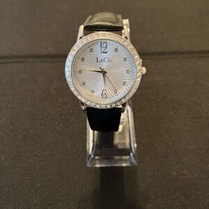 L&Co. Crystal Bezel Leather Strap Watch - Black & Silver